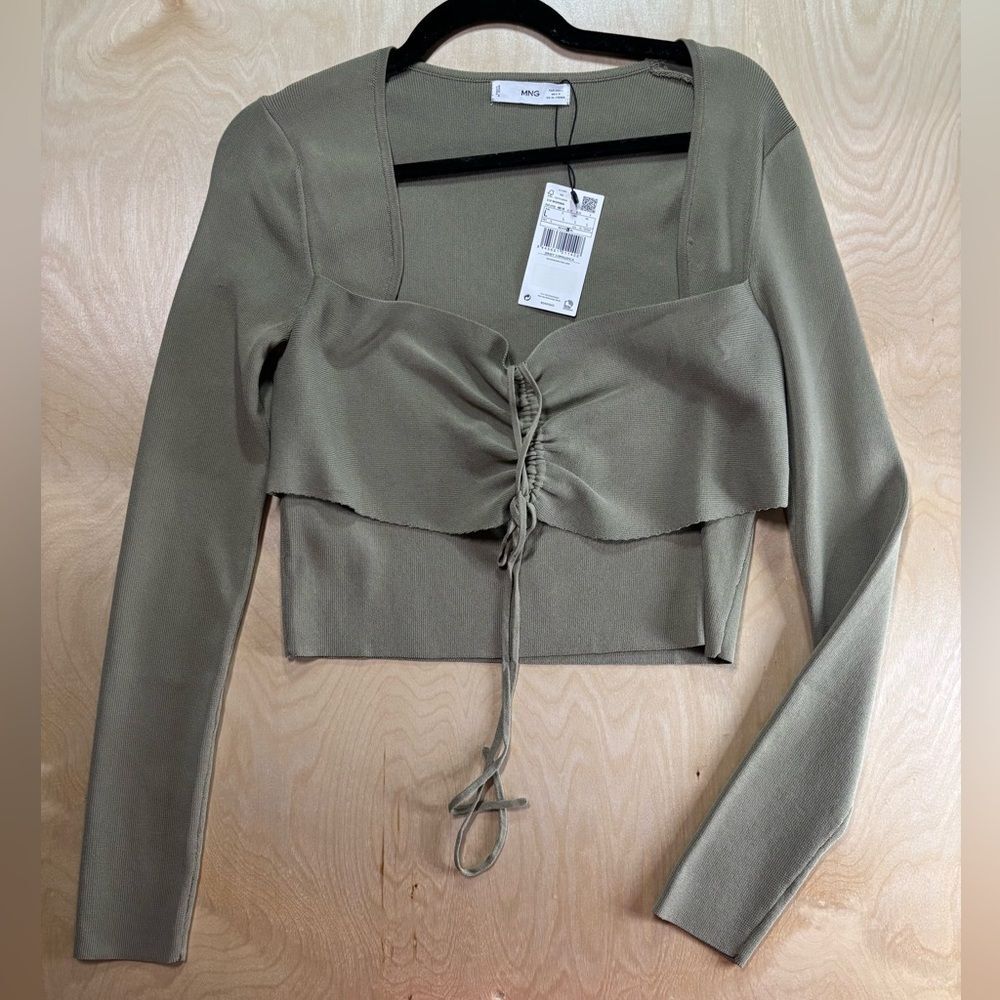 Mango Brown Long Sleeve Ruched Blouse Crop Top Large